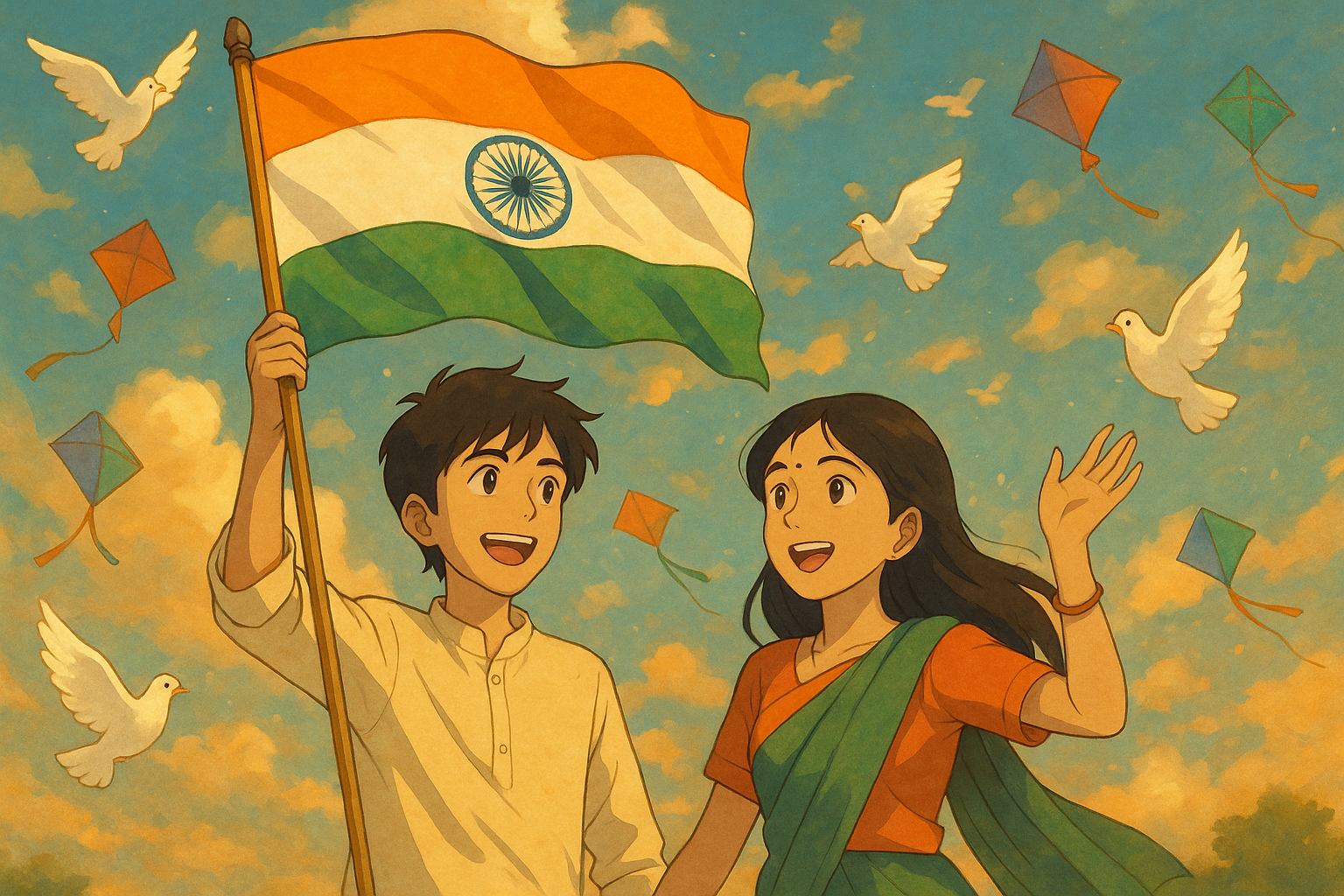 Indian teenage boy and girl waving the national flag during 79th Independence Day 2025