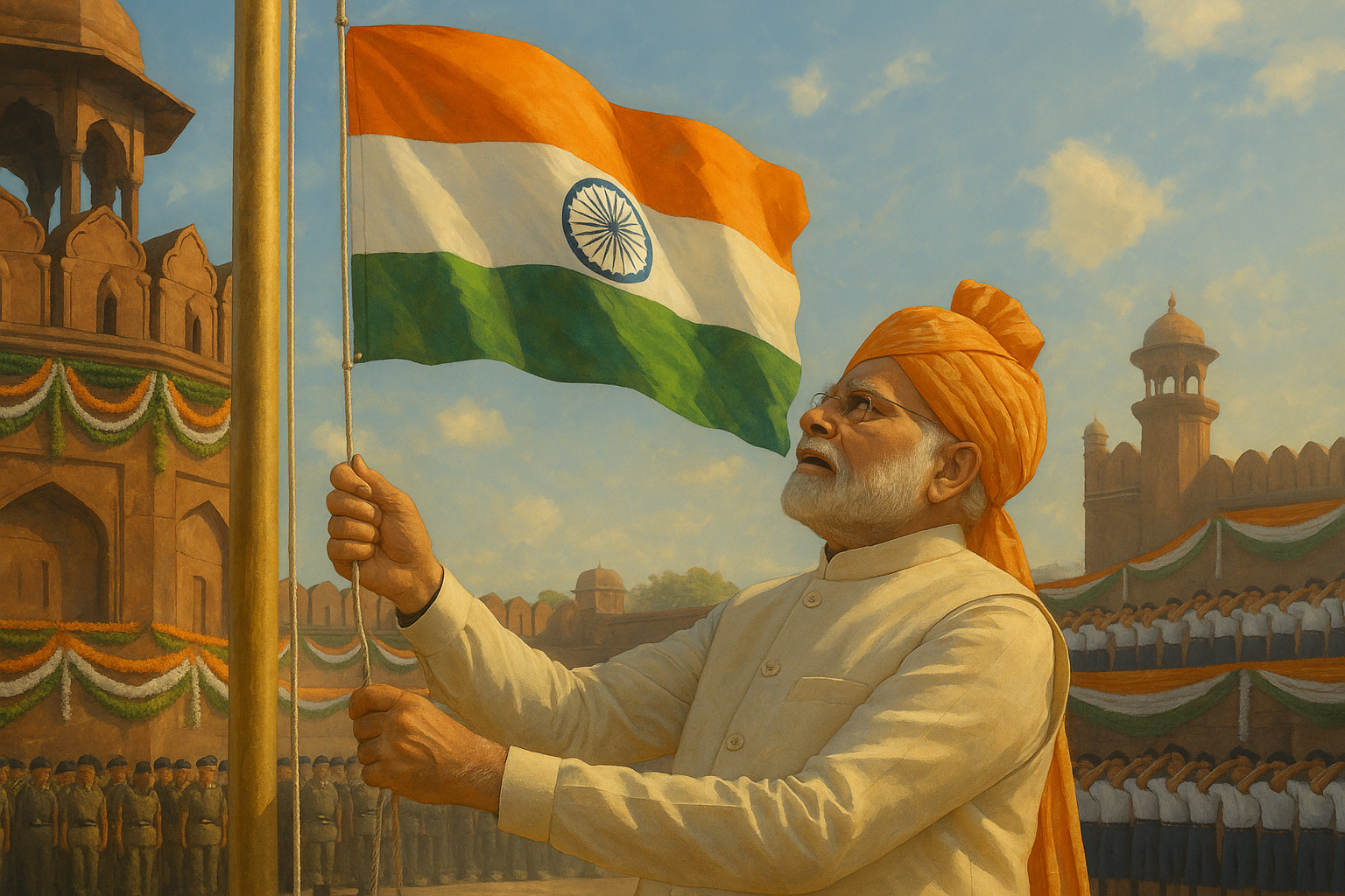 Indian Prime Minister Narendra Modi hoisting the national flag at Red Fort on 79th Independence Day 2025