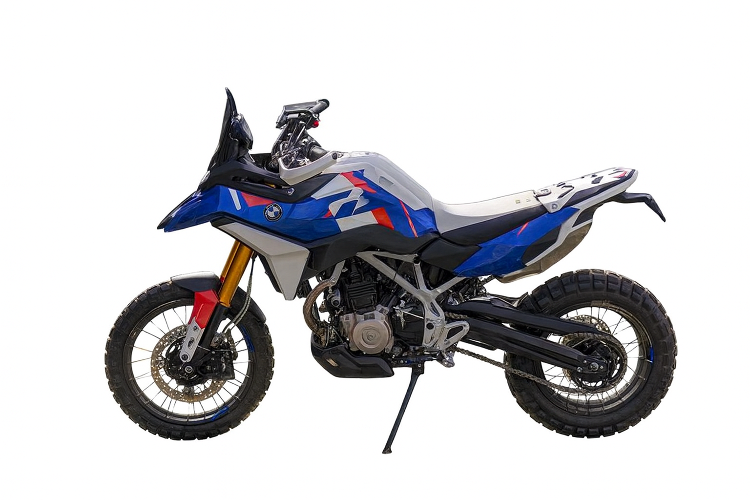BMW F 450 GS motorcycle front-side view on white background 2025 model with 450cc twin-cylinder engine